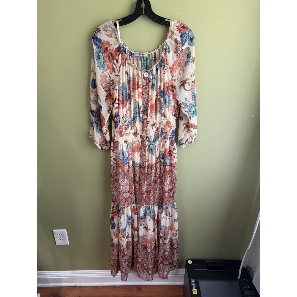 Figueroa & Flower Dress Womens Large Boho Floral Smocked Button Front Maxi Lined